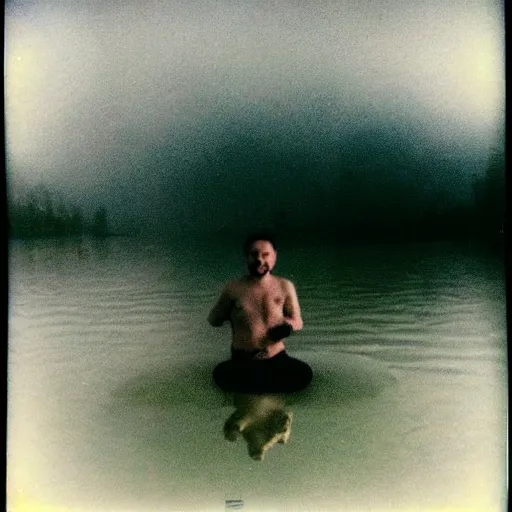 Prompt: semi translucent smiling @frog@ floating over misty lake in Jesus Christ pose, polaroid photography by Andrei Tarkovsky, paranormal, spiritual, mystical