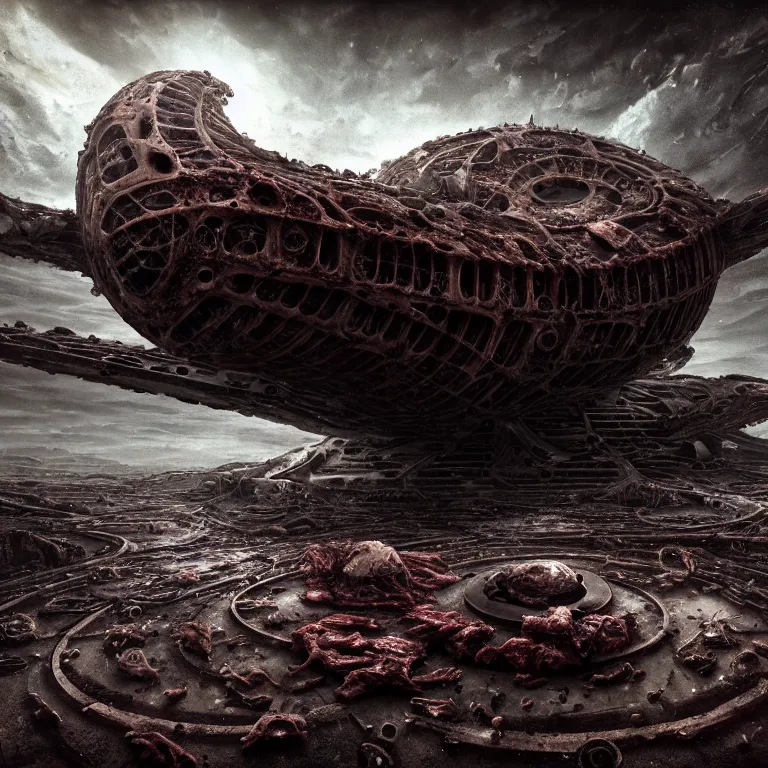 Prompt: ribbed abandoned biomechanical organic crashed spaceship in the shape of C on exoplanet in a desolate empty wasteland, covered with organic flesh, meat, creepy, nightmare, dream-like heavy atmosphere, surreal abandoned buildings, baroque painting, beautiful detailed intricate insanely detailed octane render trending on Artstation, 8K artistic photography, photorealistic, chiaroscuro, cinematic volumetric light, Raphael, Caravaggio, Beksinski, Giger