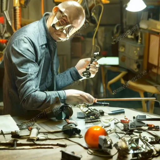 Prompt: balding cyborg professor using jeweller's loupe with orange led light, inspecting complex gun made from rusted metal kitchen utensils, smoking soldering iron, fluorescent lighting, messy workshop, highly detailed, sci - fi, futuristic, movie still from blade runner