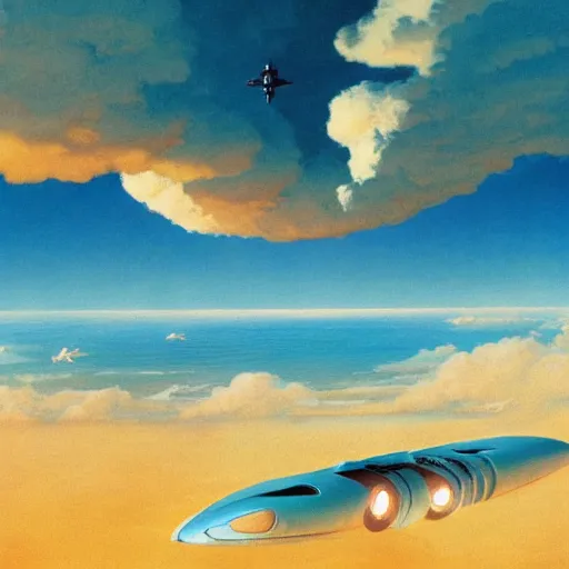 Image similar to beautiful matte painting of golden shores of a blue dreamy ocean, heavenly island in the clouds floating above the ocean, spaceship flying by, sci - fi, daylight, blue sky, cinematic lighting, cinematic perspective, syd mead, john harris, federico pelat