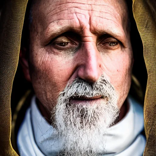 Image similar to stunning beautiful portrait photography of medieval sacred priest from national geographic award winning, dramatic lighting, taken with canon 5d mk4, sigma art lens, medium close up shot