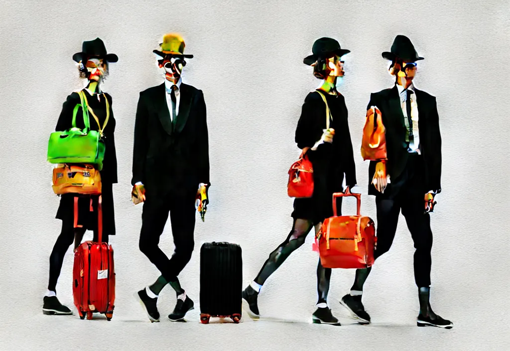 Prompt: full body portrait of a duo of european tourists autumn travel apparel, various poses walking and carrying luggage, character designs painting, in the style of wes anderson, rene magritte, lola dupre, david hockney, isolated on white background, dark monochrome neon spraypaint accents volumetric octane render