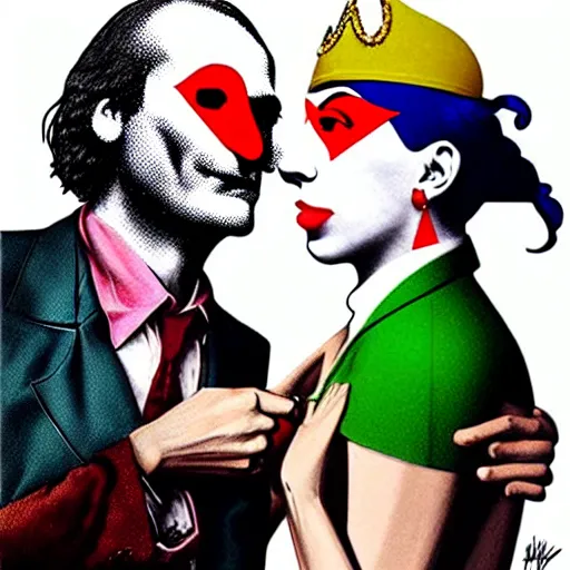 Prompt: richard hamilton and mimmo rottela and banksy as joaquin phoenix skinny joker holding hand lady gaga harley queen, ultra photorealistic, intricate details, pop art style, baroque, hyperdetailed, concept art, ultrarealistic, 3 colors, smooth, sharp focus
