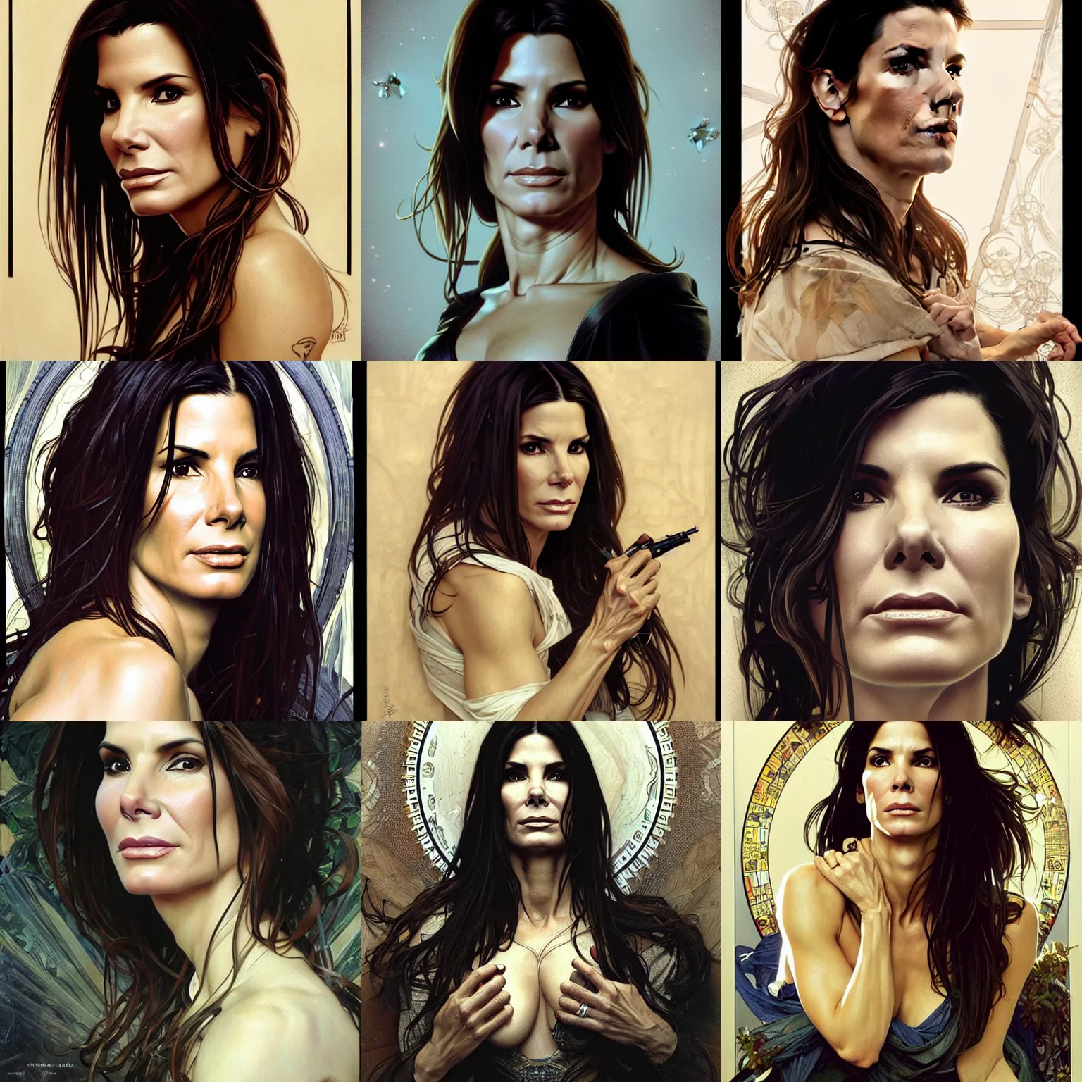 Prompt: hyper realistic portrait of sandra bullock, by lee bermejo, alphonse mucha and greg rutkowski