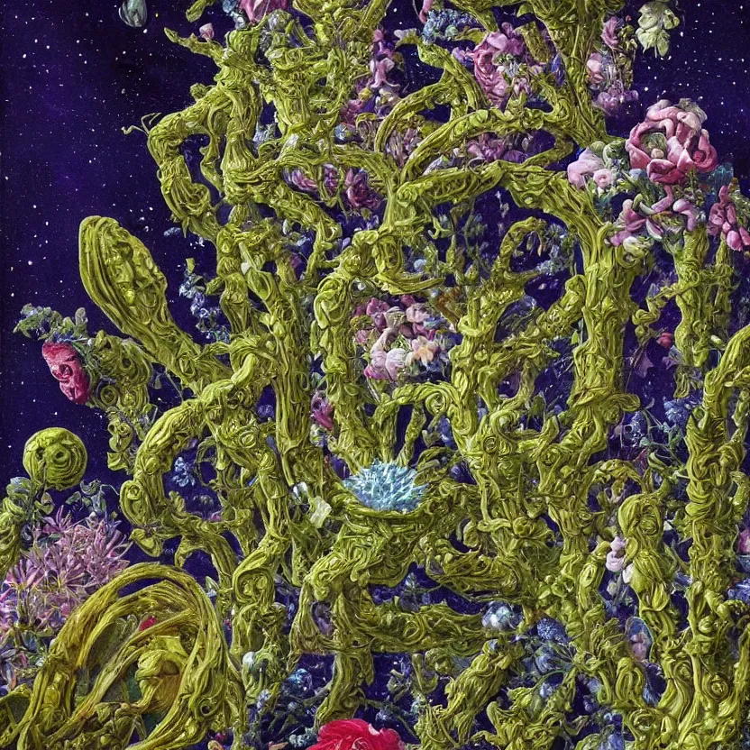 Image similar to close - up of alien plants and flowers in a garden at night. decorated with foliage, faberge, and filigree. pulp sci - fi art for omni magazine. cosmic. baroque period, oil on canvas. renaissance masterpiece, by r. s. connett
