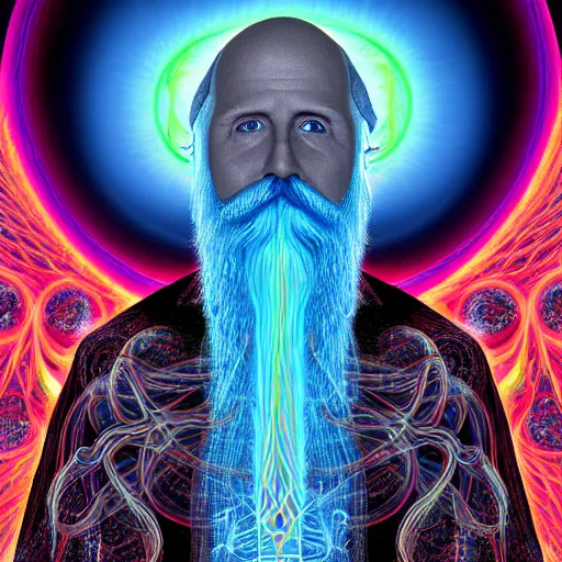 Image similar to wizard in blue robes, long white beard, by alex grey, TOOL band art, psychedelic, render, fractals, detailed, 8K