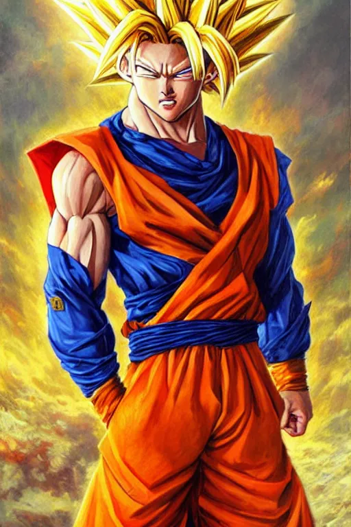 Image similar to portrait of simu liu as super saiyan goku. art by gaston bussiere.