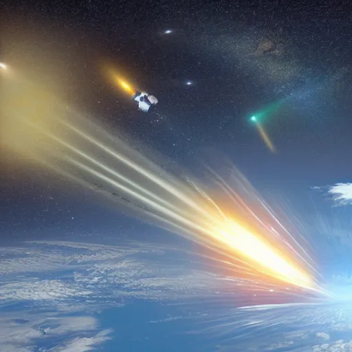 Image similar to spaceship shooting multiple tracers in space near earth, realistic photo from nasa