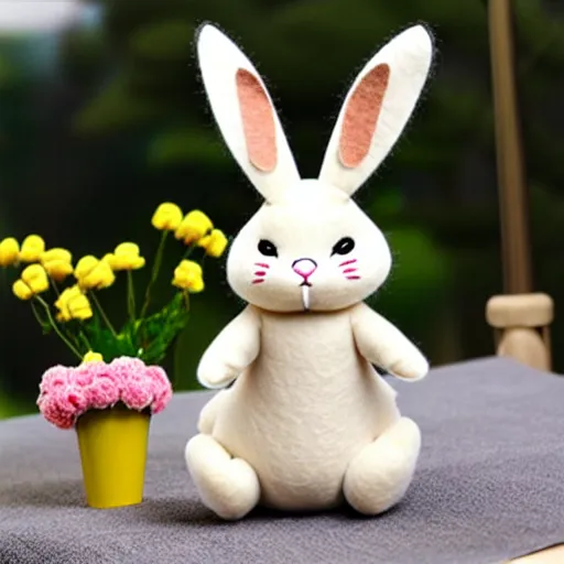 Image similar to a cute elegant felt plush doll of a rabbit wearing overalls detailed highly realistic