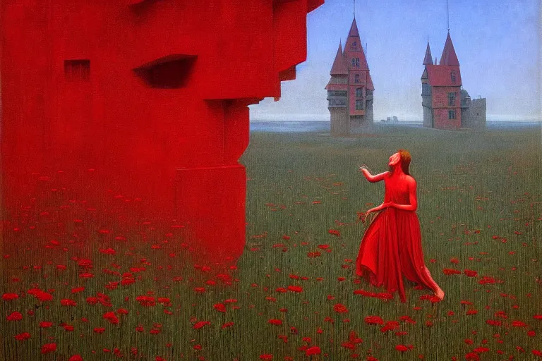 Image similar to only with red, red flowers of different types, a red tiger, a castle in the background, medieval demons dance over the flowers, an ancient path, in the style of beksinski, part by hopper, part by rodcenko, part by hofbauer, intricate composition, red by caravaggio, insanely quality, highly detailed, masterpiece, red light, artstation