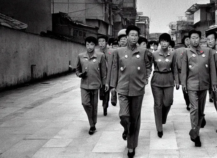 Image similar to kim jong - il clone army walking in 1 9 6 0 s pyongyang, epic thriller in the style of ghost in the shell by mamoru oshii, blur very realistic movie still, backlighting