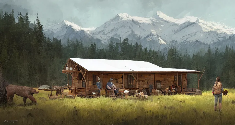 Image similar to cabela's beautiful comfortable modular pop - up insulated all terrain family dwelling, cabin,, person in foreground, mountainous forested wilderness open fields, beautiful views, painterly concept art, joanna gaines, environmental concept art, farmhouse, magnolia, concept art illustration, by james gurney, by craig mullins, by greg rutkowski trending on artstation