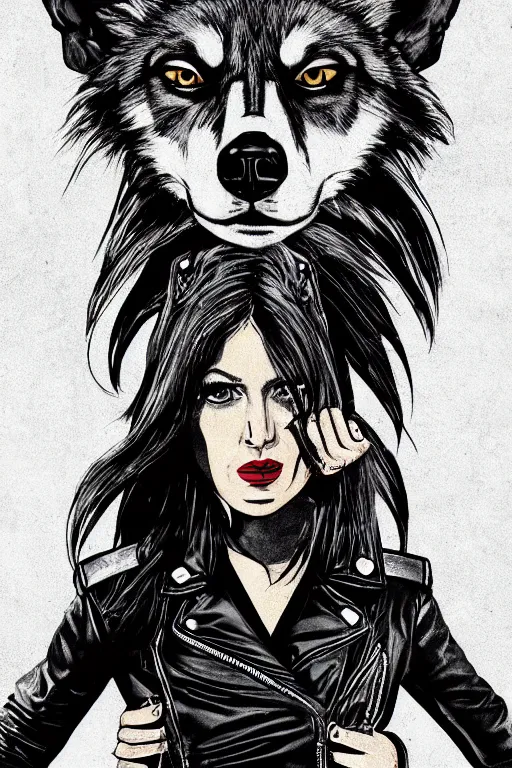 Image similar to portrait of a punk girl in a leather jacket wearing a wolf's head, artwork by boneface