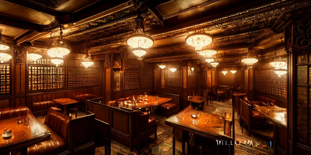 Prompt: prohibition era speakeasy, interior design by william morris and marc adamus, beautiful dramatic lighting, 8 k illustration, soft light, filled with patrons, ornate and intricate, richly detailed, photorealistic imagery, artstation render inspired by victo ngai