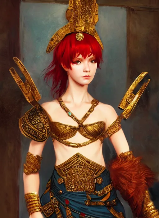 Prompt: portrait of an ancient roman character with red hair in incredible rich ornate armor, by ilya kuvshinov, by thomas lawrence, by bayard wu, trending on artstation, masterpiece