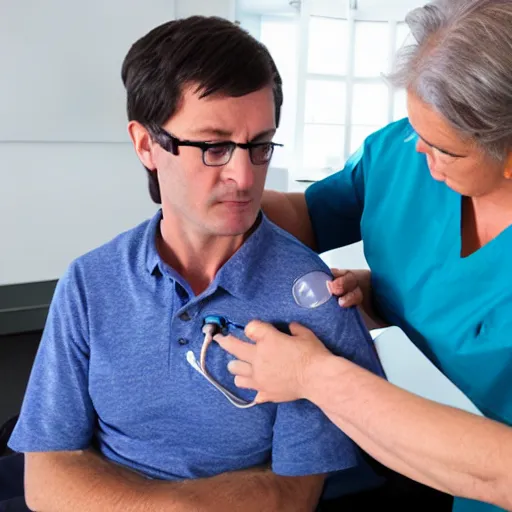 Image similar to a man sitting on a chair having his blood pressure measured by a nurse