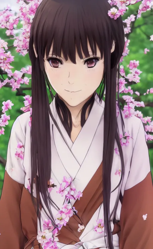 Image similar to anime style, gta 5, portrait of girl, yukata clothing, sakura tree in background, brown short hair, hair down, symmetrical facial features, from arknights, hyper realistic, happy eyes, extreme detail, 4 k drawing, safebooru, realistic lighting, by alphonse mucha, greg rutkowski, sharp focus, backlit