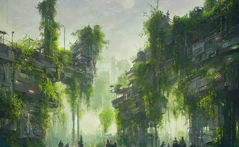 Image similar to A painting of a Solarpunk City covered in Greenery trending on artstation in the style of Greg Rutkowski