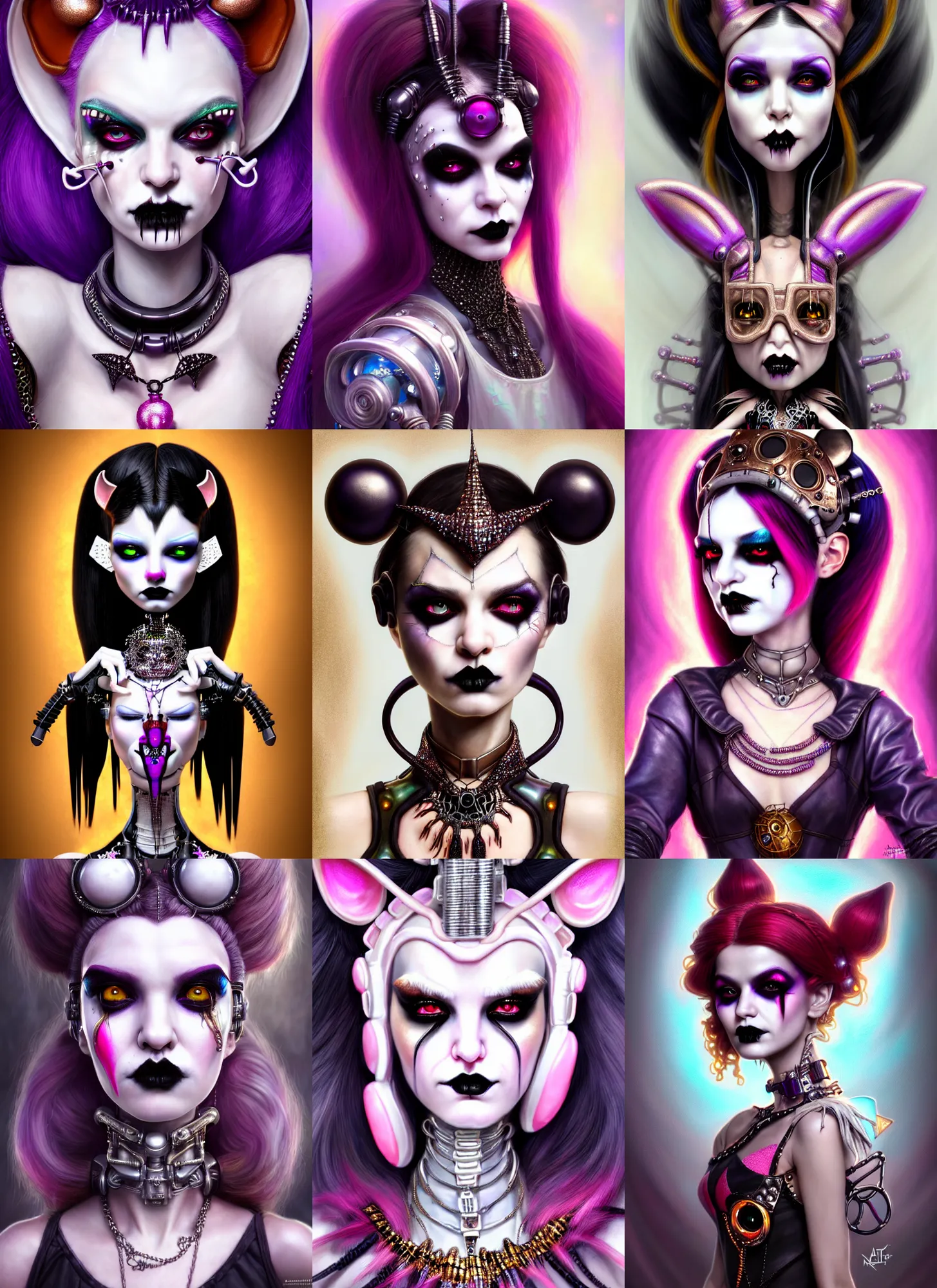 Prompt: disney weta portrait, soft lustrous biotech raver white goth clowncore draculaura cyborg, bling, hi - fructose, sci - fi fantasy cyberpunk intricate decadent highly - detailed digital painting, ever after high, octane render, artstation, concept art, smooth, sharp focus, illustration, art by artgerm, mucha, loish, wlop