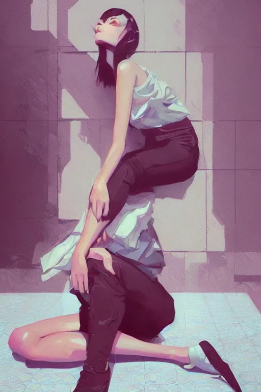 Image similar to a ultradetailed beautiful painting of a stylish woman sitting on the floor of a tiled room, by greg rutkowski, conrad roset, and ilya kuvshinov trending on artstation