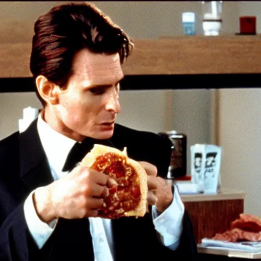 Image similar to patrick bateman eating a double bacon quarterpounder from mcdonalds, and holding a large coke