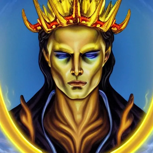 Prompt: Oil canvas of Lucifer, ruler of Inferno, capital sin of Pride, Superbia, natural blonde gold like hair, intricate sophisticated well rounded face, good bone structure, bright glowing eyes as LEDs and neon, lean body, porcelain looking skin, attractive and good looking, tall, invincible, poses triumphantly over the remains of Heaven, wearing a crown made of Michael the archangel skull, by Michelangelo, Dark Fantasy mixed with Socialist Realism, exquisite art, art-gem, dramatic representation, hyper-realistic, atmospheric scene, cinematic, trending on ArtStation, photoshopped, deep depth of field, intricate detail, finely detailed, small details, extra detail, attention to detail, detailed picture, symmetrical, 2D art, digital art, golden hour, oil painting, 8k, 4k, high resolution, unreal engine 5, octane render, arnold render, 3-point perspective, polished, complex, stunning, breathtaking, awe-inspiring, award-winning, ground breaking, concept art, nouveau painting masterpiece