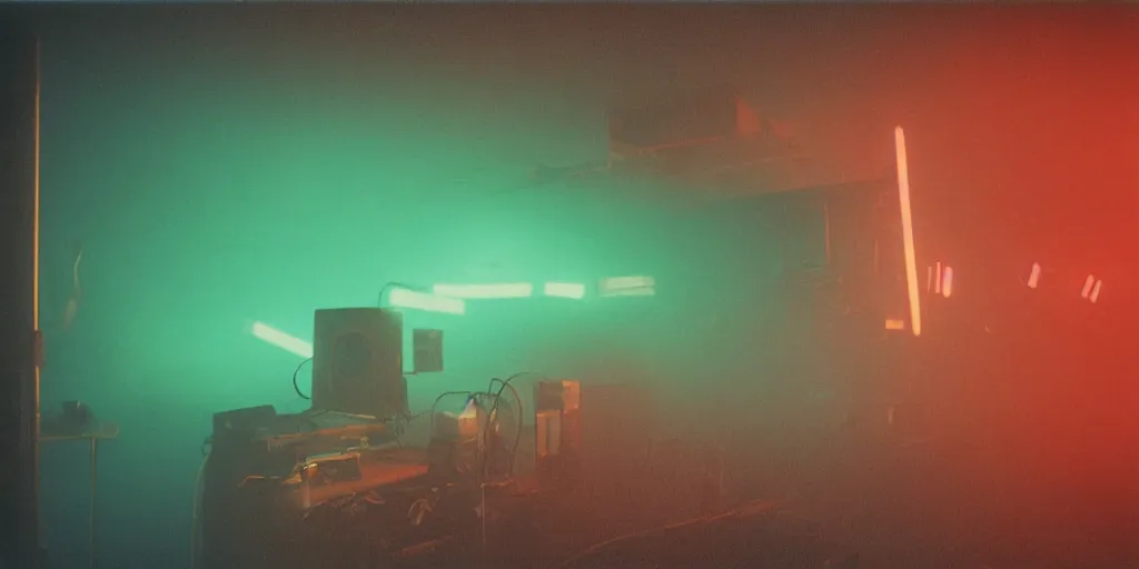 Prompt: movie still 35mm film photograph a screaming and angry creature with TV monitors in its lower torso, inside of a 1970s science lab, neon lights, dirty, ektachrome photograph, volumetric lighting, f8 aperture, cinematic Eastman 5384 film