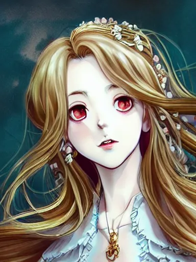 Image similar to a smiling woman, long hair, baroque style, elegant, beautiful, mesmerizing, concept art, fancy clothing, highly detailed, artstation, behance, deviantart, inspired by innocent manga, inspired by castlevania concept art, trending, ayami kojima, shinichi sakamoto