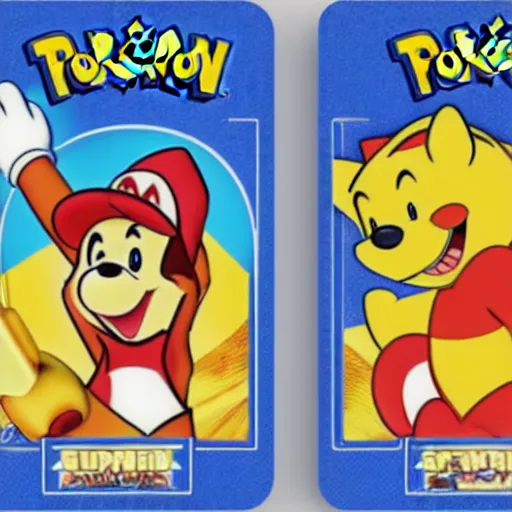 Image similar to photograph of winnie the pooh and super mario and sonic the hedgehog anime style, on pokemon card packs at target