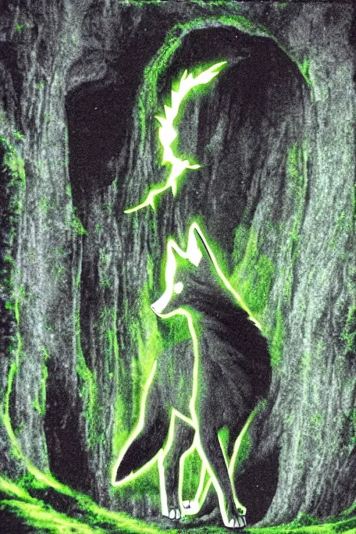 Image similar to a wolf standing at the opening of a green glowing cave howling in a 7 0 s style illusion