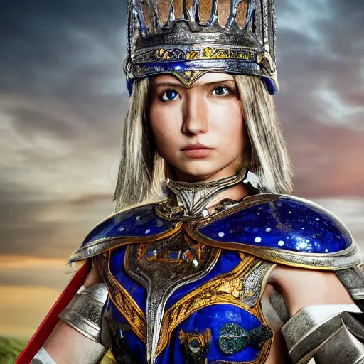 Image similar to beautiful warrior queen with lapis lazuli armour, highly detailed, 4k, HDR, smooth, sharp focus, hyper realistic, high resolution, award-winning photo