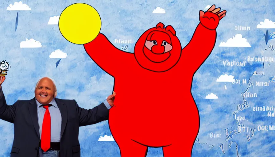 Image similar to kool - aid man as a weather man in front of a weather map