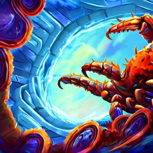 Image similar to blue giant ((crab monster)) with giant crab claws, giant crab claws fantasy digital art, magical background in the style of hearthstone artwork