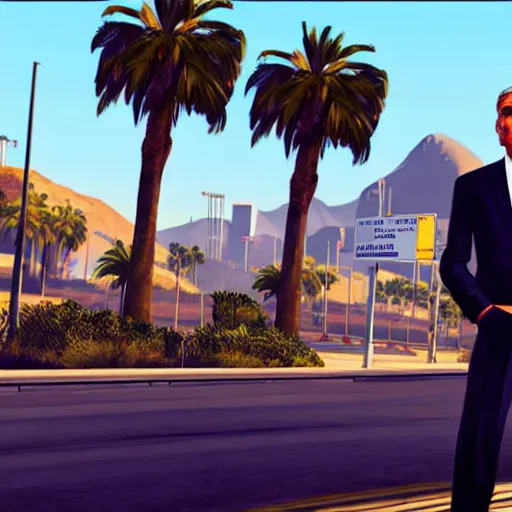 Image similar to george clooney in gta v. los santos in background, palm trees in the art style of stephen bliss