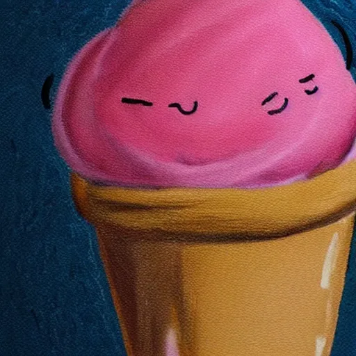 Prompt: realistic artwork of a depressed pink ice cream cone that has a cute little face that is tearing up