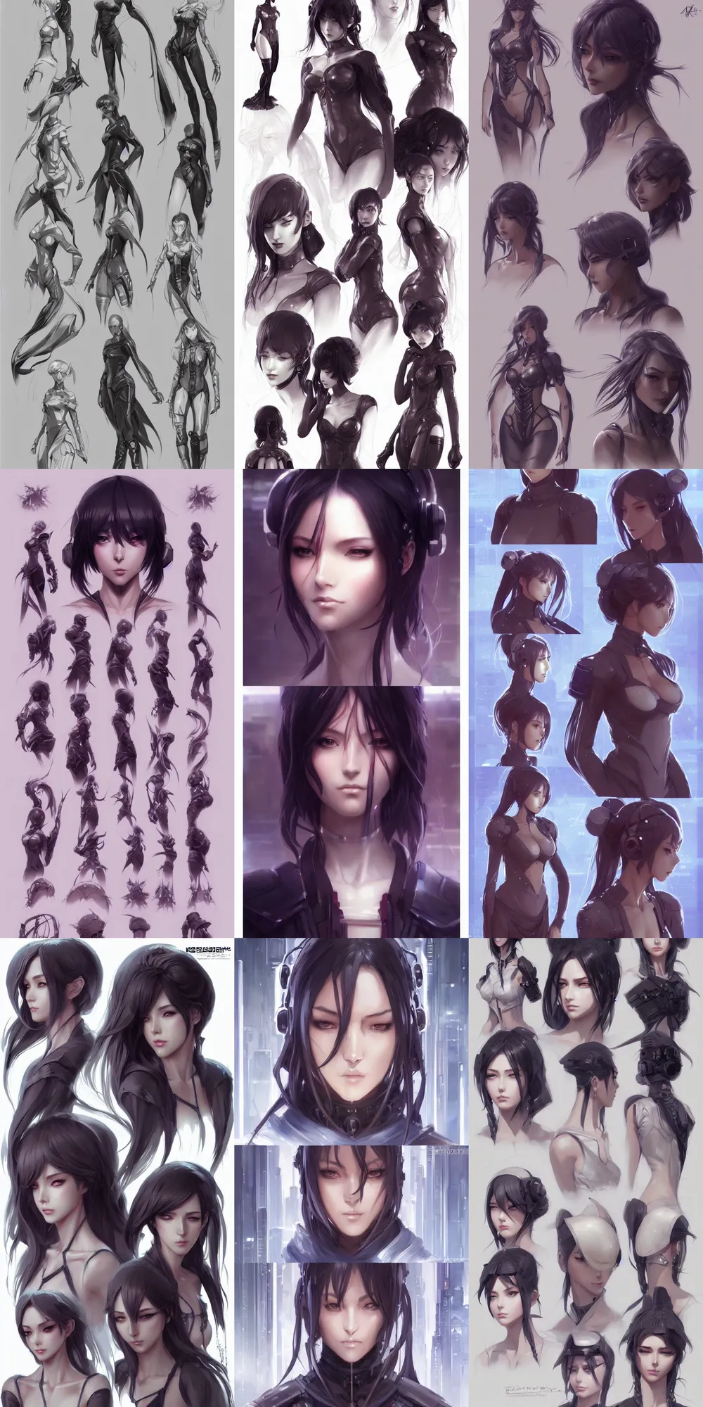 Prompt: concept character sheet, beautiful anime style women with a gorgeous symmetrical faces and bodies, cyberpunk, sci - fi, fantasy, intricate, elegant, highly detailed, digital painting, artstation, concept art, smooth, sharp focus, illustration, beautiful light and shadows, art by artgerm and greg rutkowski and krenz cushart and wlop