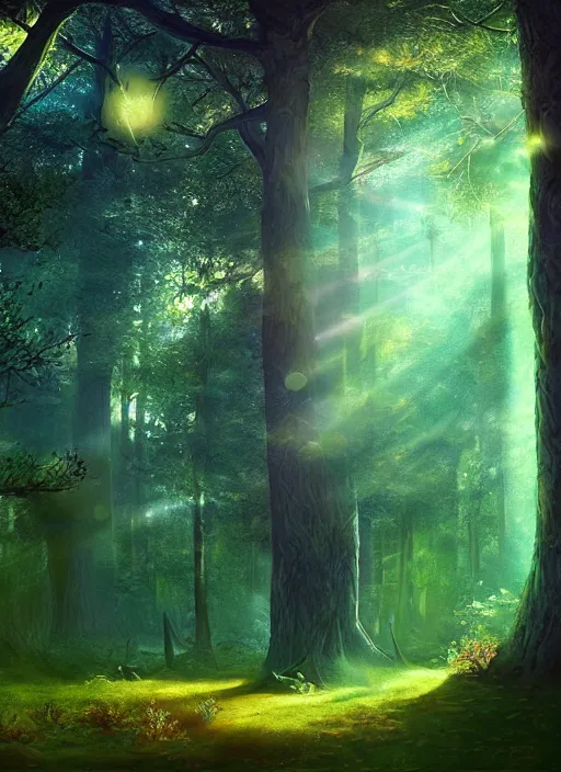 Image similar to painting of magic mushrooms , mysterious forest, beautiful lighting, god rays, fantasy art, matte painting