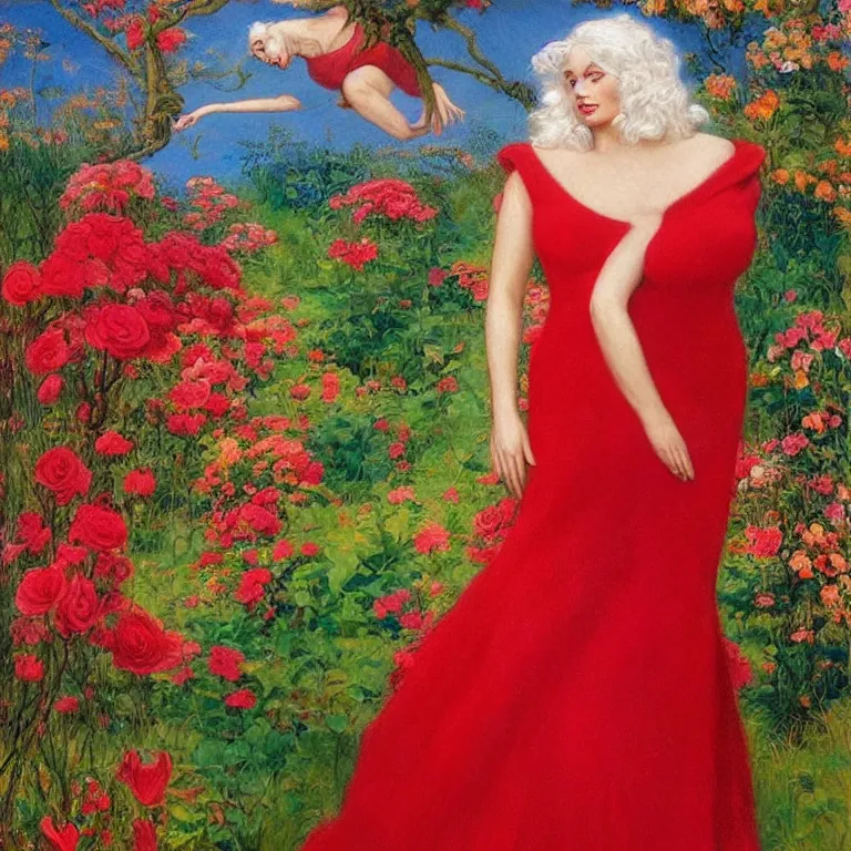 Image similar to Standing woman in a Red dress, with white hair on a golden background, with pink flowers photorealism Edward Robert Hughes,Stanisław Szukalski and Roger Dean