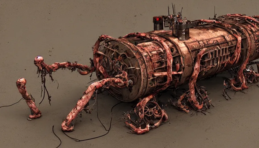 Prompt: Techno-biological rusty modern double cannon tank consisting of tumors, meat, veins, bones, guts, kidneys, wires. Biopunk, body-horror, high detail, photorealism, full length view, very rust, concept art, octane render, 16k, 8k