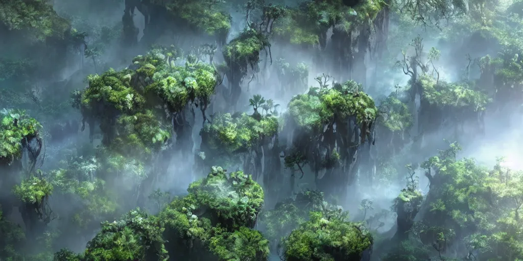 Image similar to spectacular cinematic aerial view of floating islands like from pandora in avatar (2009), mist, fog, atmospheric, mid-day