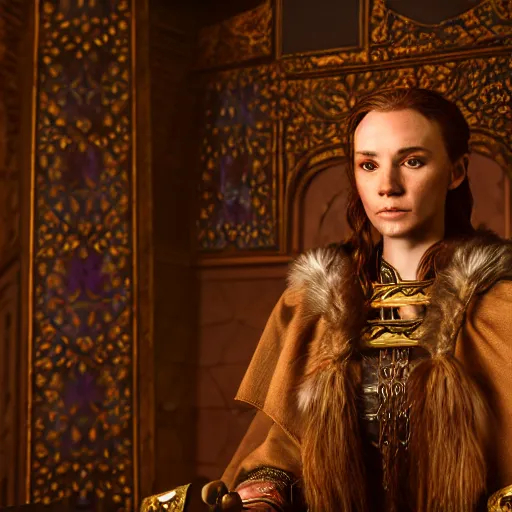 Image similar to the elder scrolls vi, charismatic regal brunette female jarl, portrait, throne room, atmospheric lighting, painted, intricate, volumetric lighting, beautiful, daytime, sunny weather, slight overcast, sharp focus, deep colours, ultra detailed, by leesha hannigan, ross tran, thierry doizon, kai carpenter, ignacio fernandez rios