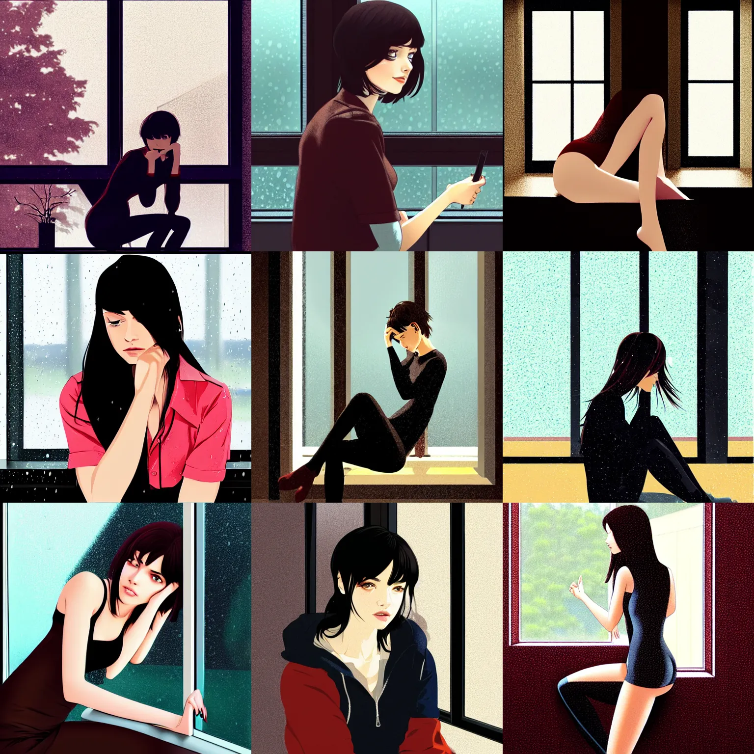 Prompt: sexy girl with dark brown hair, sitting down, leaning against the window, rainy background, dimly lit, in the style of ilya kuvshinov