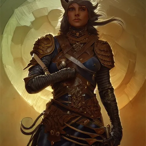 Image similar to cat warrior , leather armor, wand, D&D, insane, intricate, highly detailed, digital painting, artstation, concept art, smooth, sharp focus, illustration, Unreal Engine 5, 8K, art by artgerm and greg rutkowski and alphonse mucha