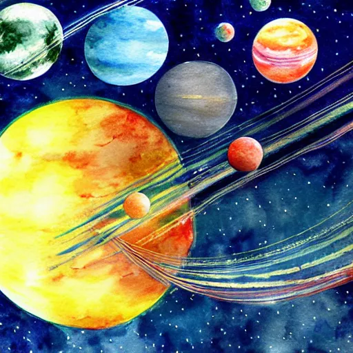 Image similar to planets colliding, space, stars, sun, earth, planets, explosions, huge explosions in space, watercolor art