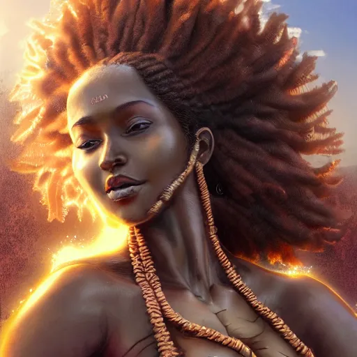 Image similar to a colossal goddess, creative, brown skin, giant, digital art, in the city, in town, highly detailed, photo manipulation, up there, fire hair, digital painting, smoke, artstation