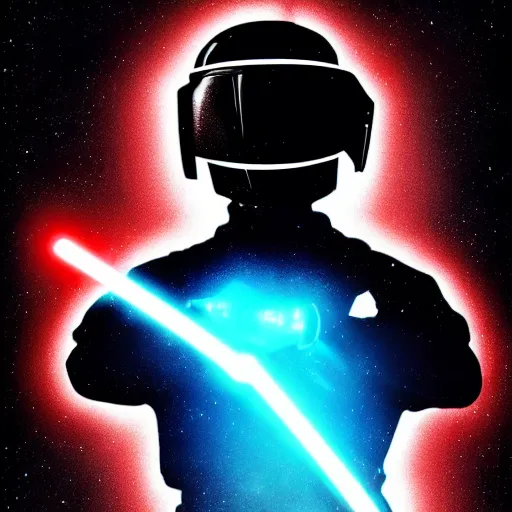 Image similar to Daft Punk inspired robot character, red lightsaber, space, star wars, retrowave, vaporwave, black cloak, concept art, arstation, award winning art by