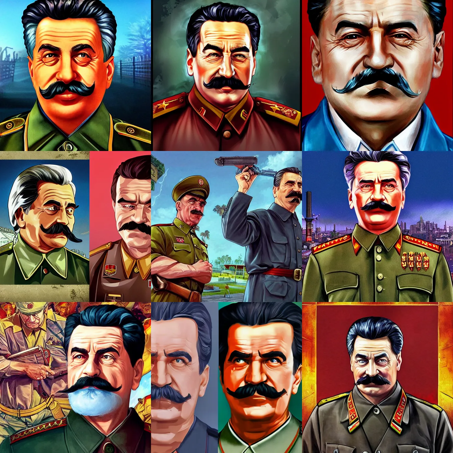 Prompt: stalin as a character in the game GTA VI, with a background based on the game League of Legends, detailed face, photorealistic pAINTING BY android jones, alex grey, chris dyer, and aaron brooks