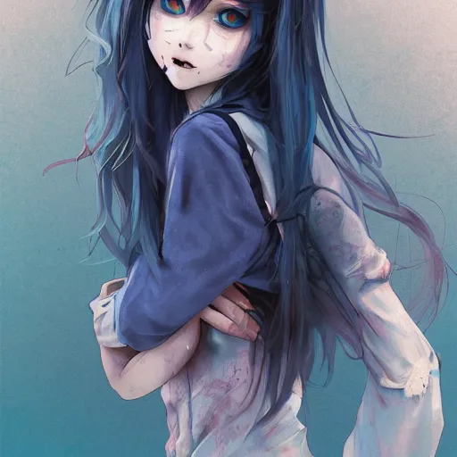 Image similar to urban school zombie girl in tattered clothes fanart, dark blue long hair, muted colors, matte print, pastel colors, ornate, digital art, cute smile, digital painting, fan art, elegant, pixiv, by Ilya Kuvshinov, by Studio Ghibli