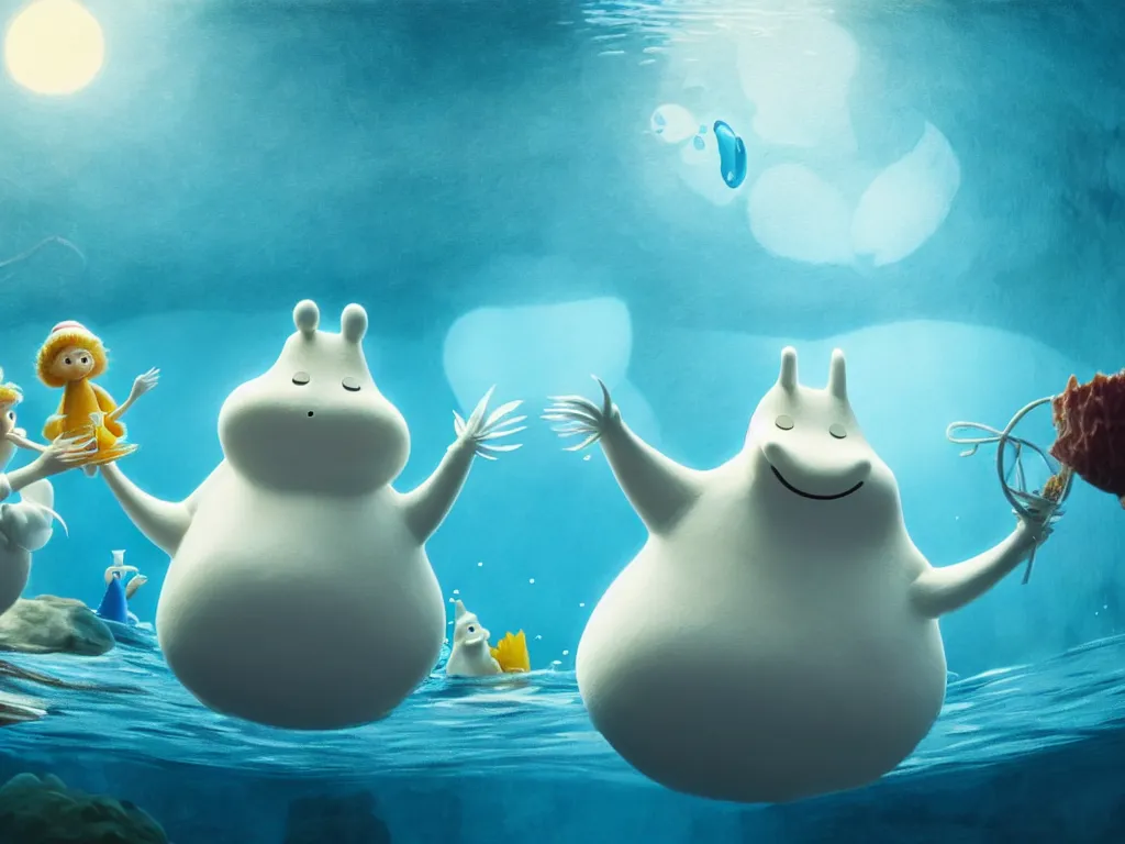 Image similar to underwater moomins discovering the water planet, photorealistic painting, cgi, low volumetric light, movie still, very cute and cozy and fluffy and sweet