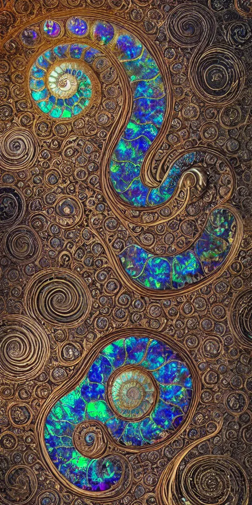 Image similar to art nouveau cresting oil slick waves, ammonite, hyperdetailed bubbles in a shiny iridescent oil slick wave, black opals, ornate copper patina spiral ornament, rococo, organic rippling spirals, hyperdetailed photorealistic ultrasharp octane render